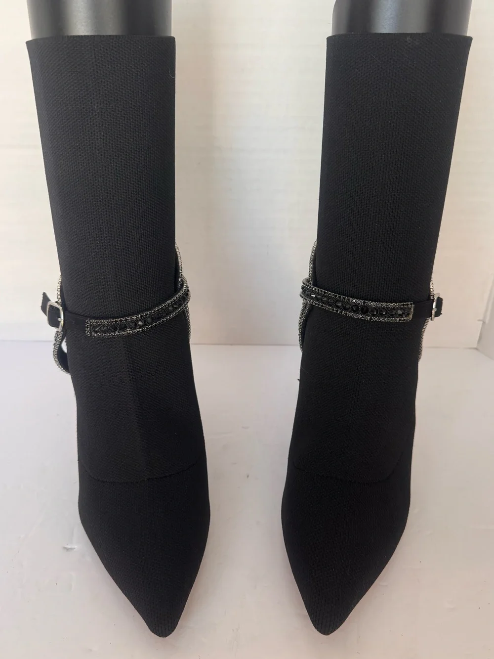 Badgley Mischka Black Stretch Knit Sock Booties Beaded Rhinestone Strap Size 7.5